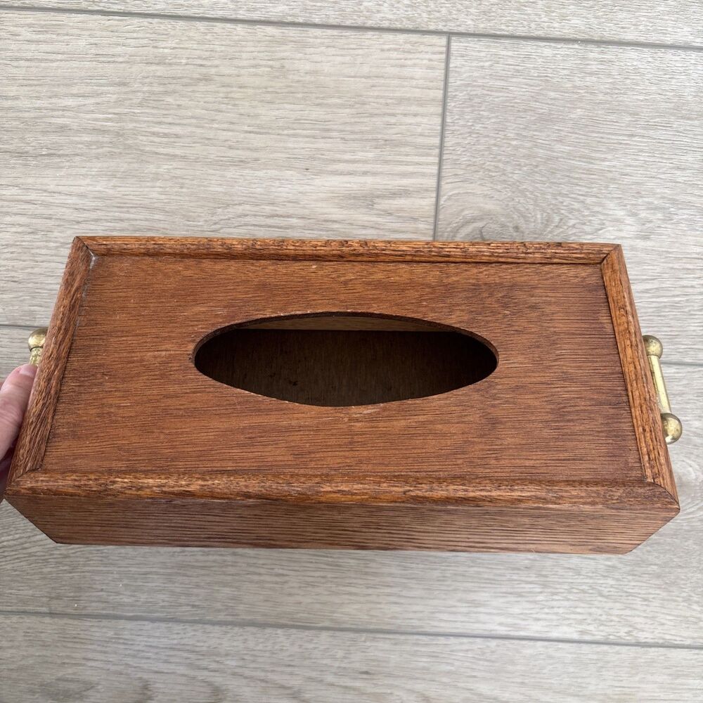Vintage Oak Tissue Box Dispenser Handmade MCM Brass Retro Fits 10”x5” Kleenex